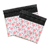 Fabric project bags with pink flamingos. Black with white dot accent fabric. Small and medium sizes.