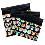 Fabric project bags with different colored cats wearing flower crowns. Black accent fabric. Small, medium, and large sizes.