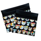 Fabric project bags with different colored cats wearing flower crowns. Black accent fabric. Small and medium sizes.