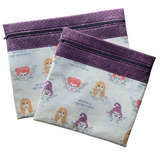 Small and Medium fabric project bags made using a Hocus Pocus print.